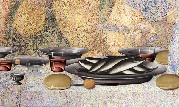 Reconstruction of the glass cruet filled with wate, saltcellars.